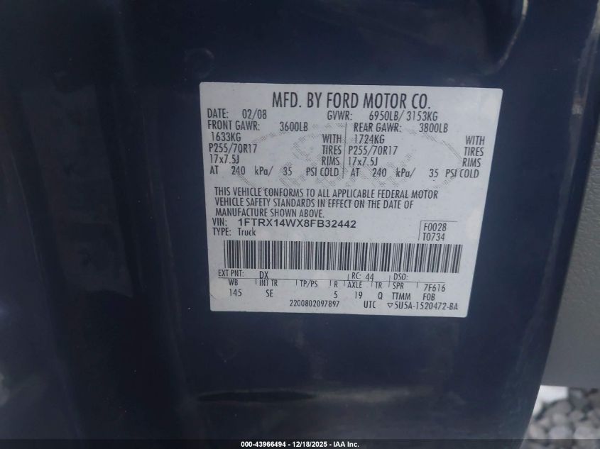 2008 Ford F-150 Stx VIN: 1FTRX14WX8FB32442 Lot: 43966494