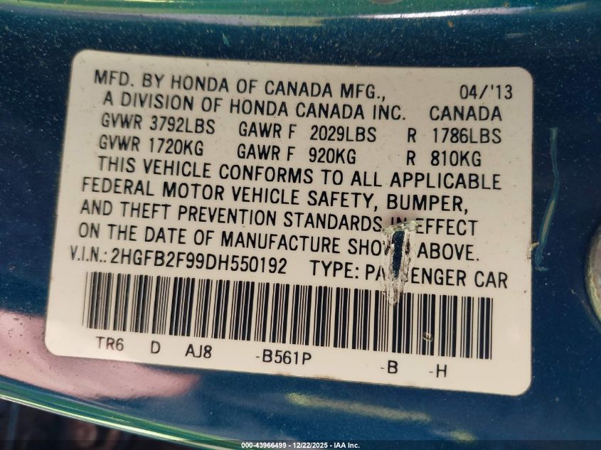 2013 Honda Civic Ex-L VIN: 2HGFB2F99DH550192 Lot: 43966499