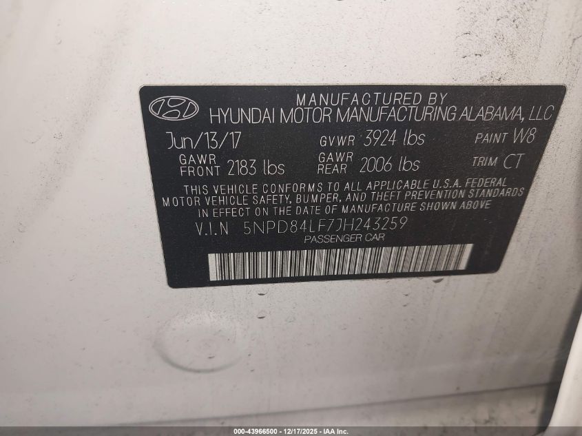 2018 Hyundai Elantra Sel VIN: 5NPD84LF7JH243259 Lot: 43966500