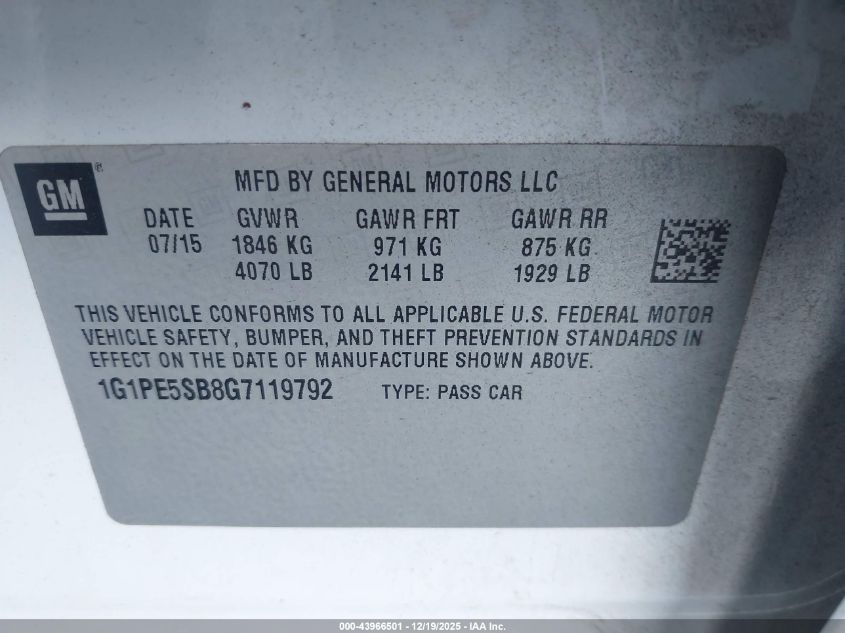 2016 Chevrolet Cruze Limited 1Lt Auto VIN: 1G1PE5SB8G7119792 Lot: 43966501