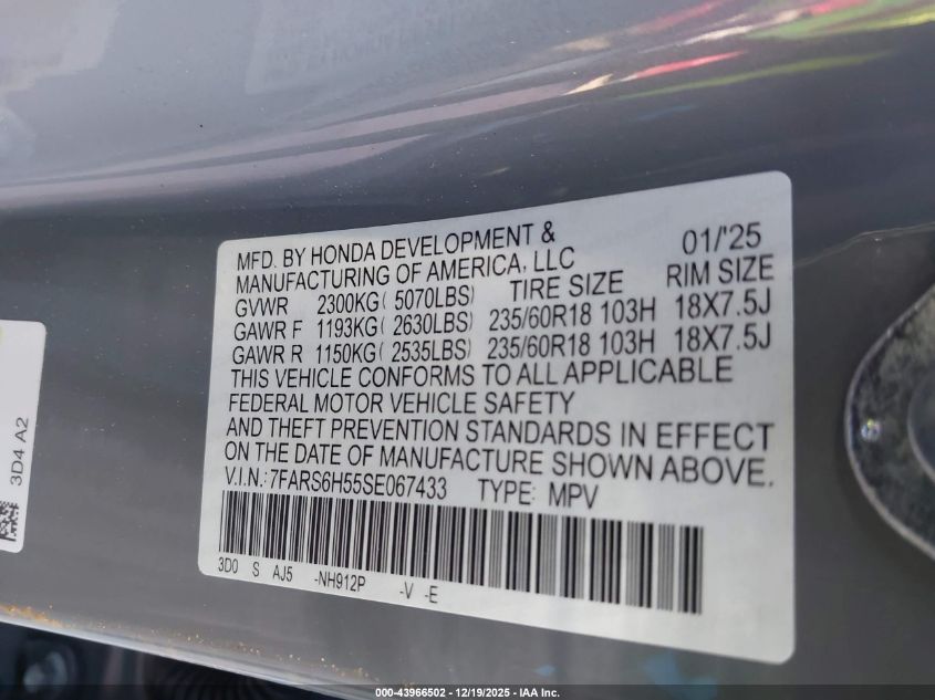 2025 Honda Cr-V Hybrid Sport VIN: 7FARS6H55SE067433 Lot: 43966502