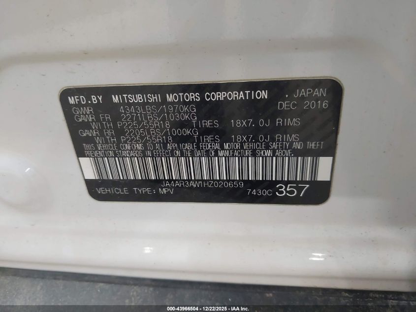 2017 Mitsubishi Outlander Sport 2.4 Se VIN: JA4AR3AW1HZ020659 Lot: 43966504