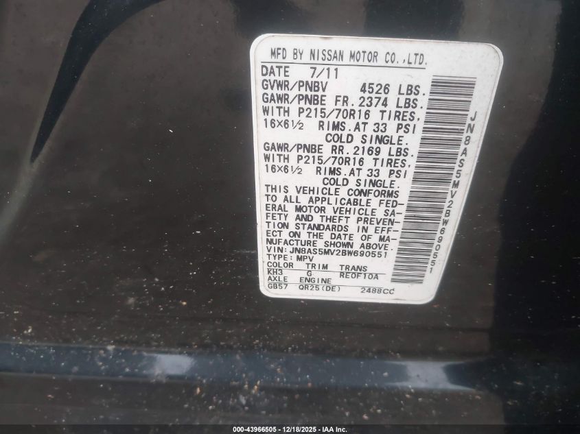 2011 Nissan Rogue S VIN: JN8AS5MV2BW690551 Lot: 43966505