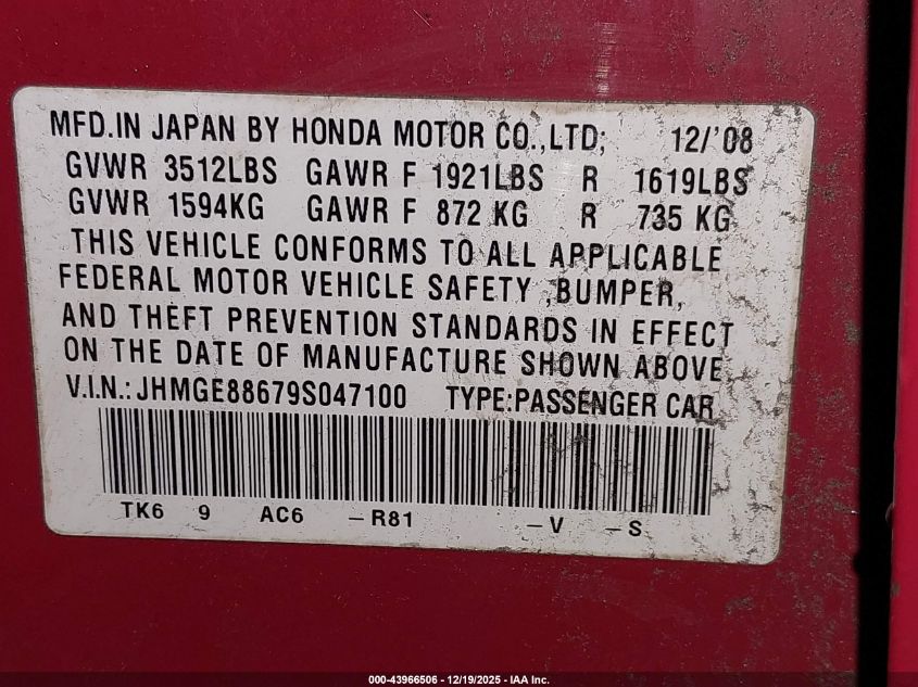 2009 Honda Fit Sport VIN: JHMGE88679S047100 Lot: 43966506