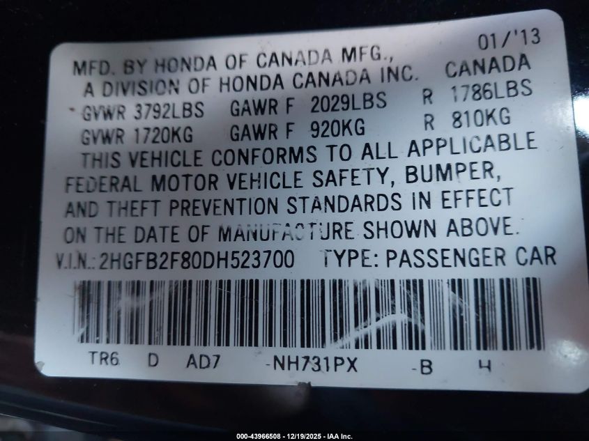 2013 Honda Civic Ex VIN: 2HGFB2F80DH523700 Lot: 43966508