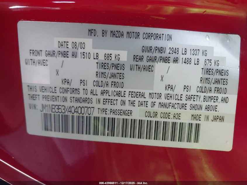 2004 Mazda Mx-5 Miata Cloth VIN: JM1NB353X40400707 Lot: 43966511