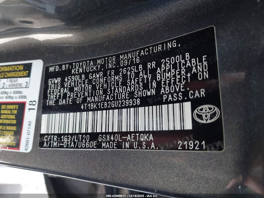 2016 Toyota Avalon Touring VIN: 4T1BK1EB2GU239938 Lot: 43966517