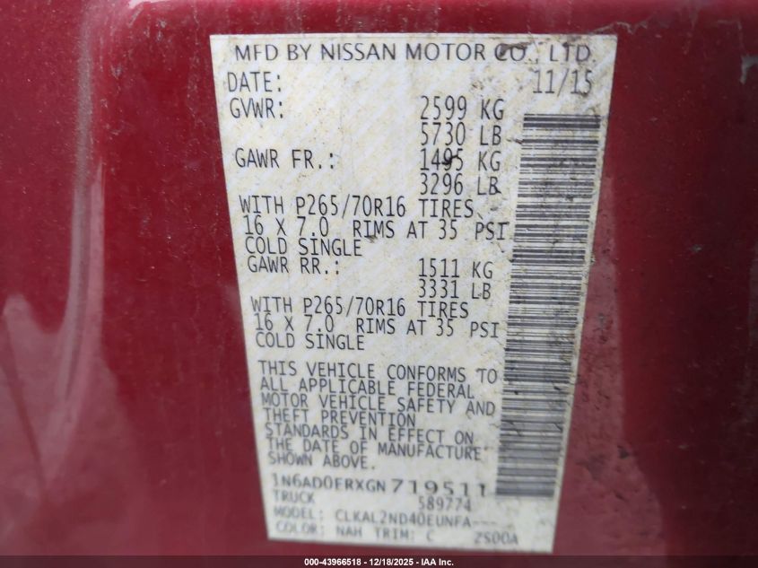 2016 Nissan Frontier Sv VIN: 1N6AD0ERXGN719511 Lot: 43966518