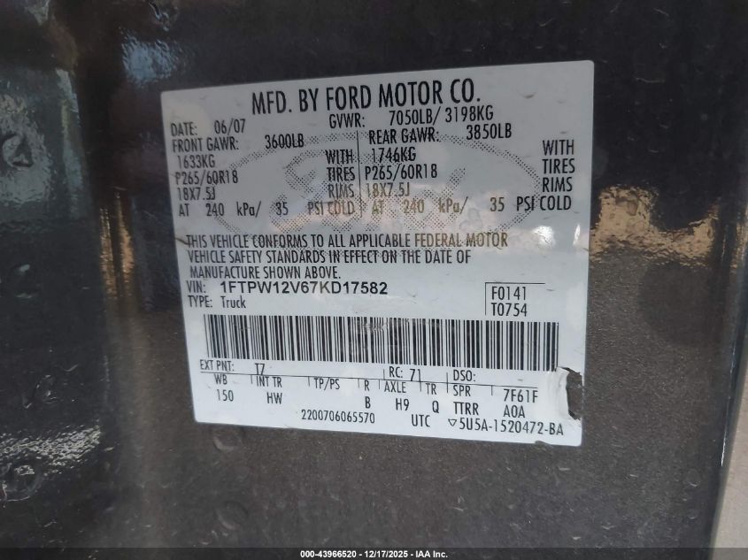 2007 Ford F-150 Lariat/Xlt VIN: 1FTPW12V67KD17582 Lot: 43966520