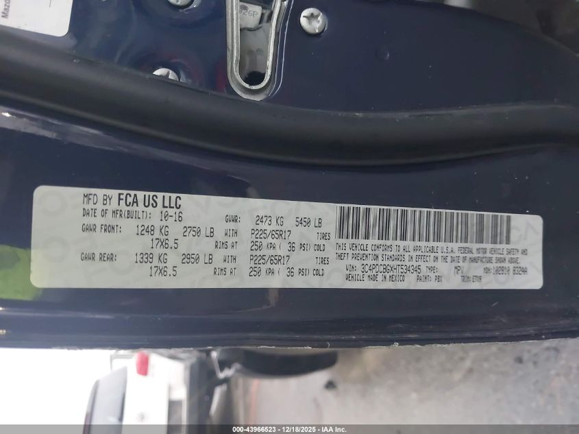 2017 Dodge Journey Sxt VIN: 3C4PDCBGXHT534345 Lot: 43966523