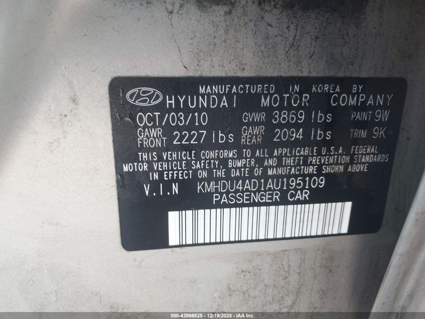 2010 Hyundai Elantra Gls VIN: KMHDU4AD1AU195109 Lot: 43966525
