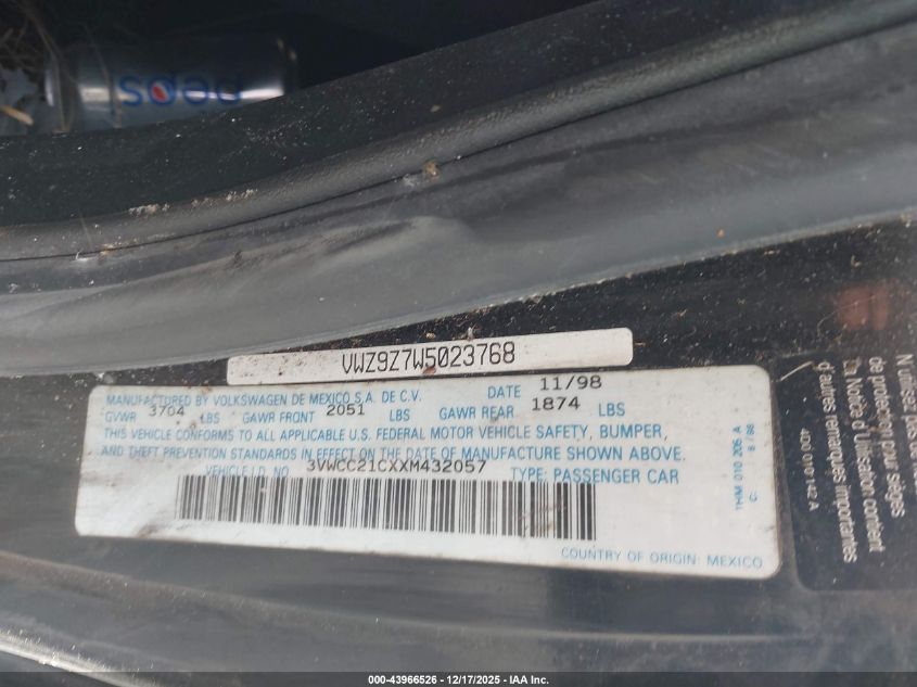 1999 Volkswagen New Beetle Gls VIN: 3VWCC21CXXM432057 Lot: 43966526