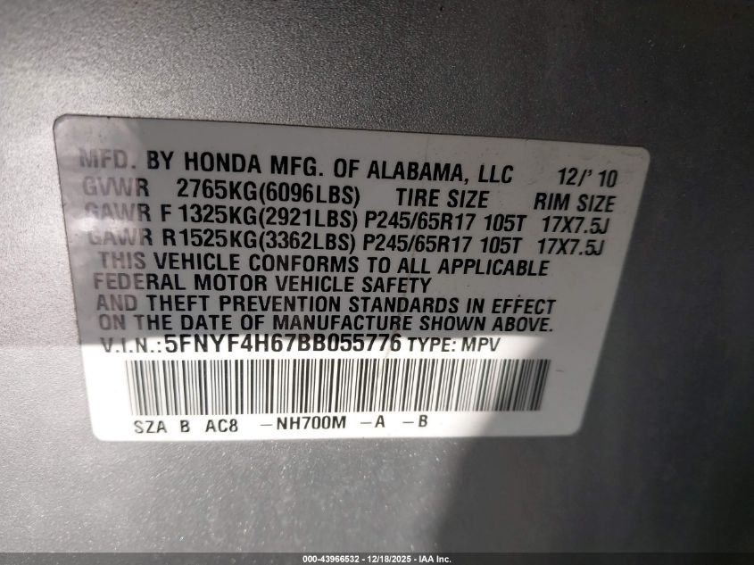 2011 Honda Pilot Ex-L VIN: 5FNYF4H67BB055776 Lot: 43966532
