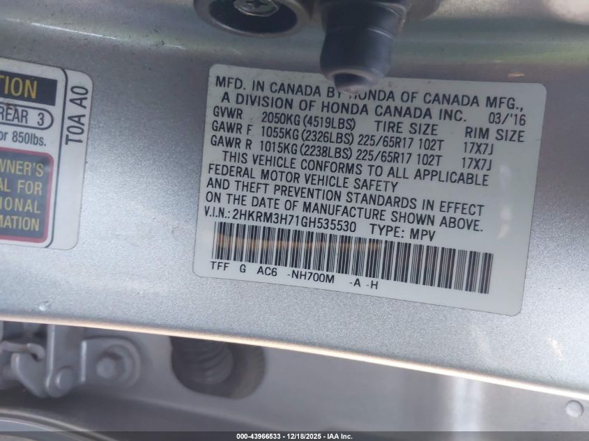 2016 Honda Cr-V Ex-L VIN: 2HKRM3H71GH535530 Lot: 43966533