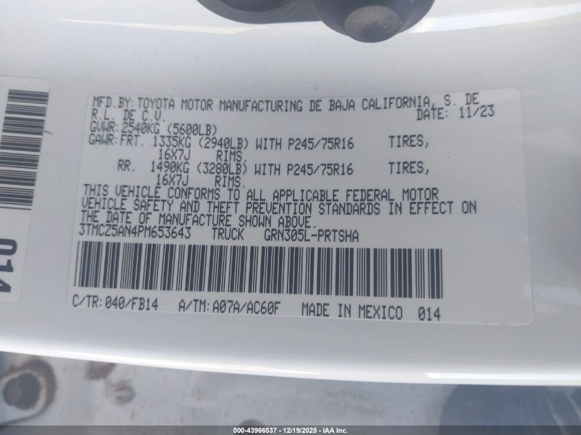 2023 Toyota Tacoma Sr V6 VIN: 3TMCZ5AN4PM653643 Lot: 43966537