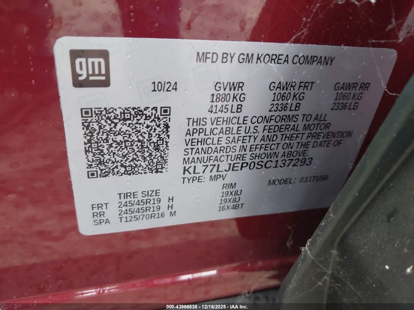 2025 Chevrolet Trax Fwd 2Rs VIN: KL77LJEP0SC137293 Lot: 43966538