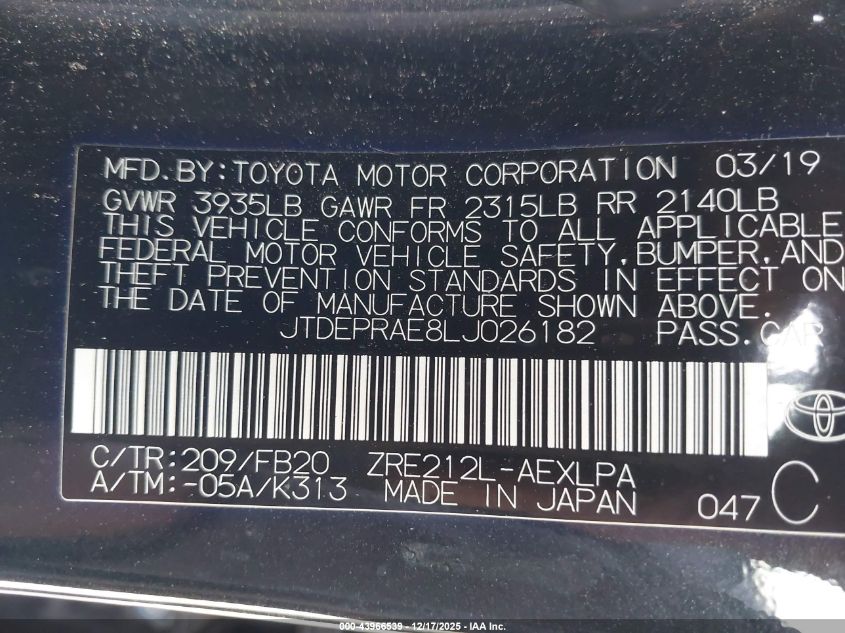 2020 Toyota Corolla Le VIN: JTDEPRAE8LJ026182 Lot: 43966539