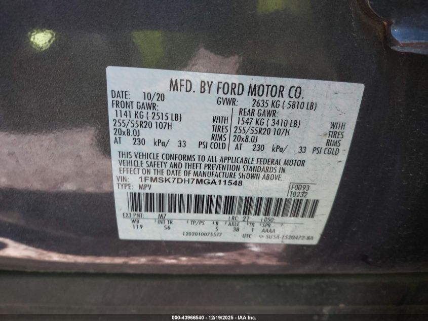 2021 Ford Explorer Xlt VIN: 1FMSK7DH7MGA11548 Lot: 43966540