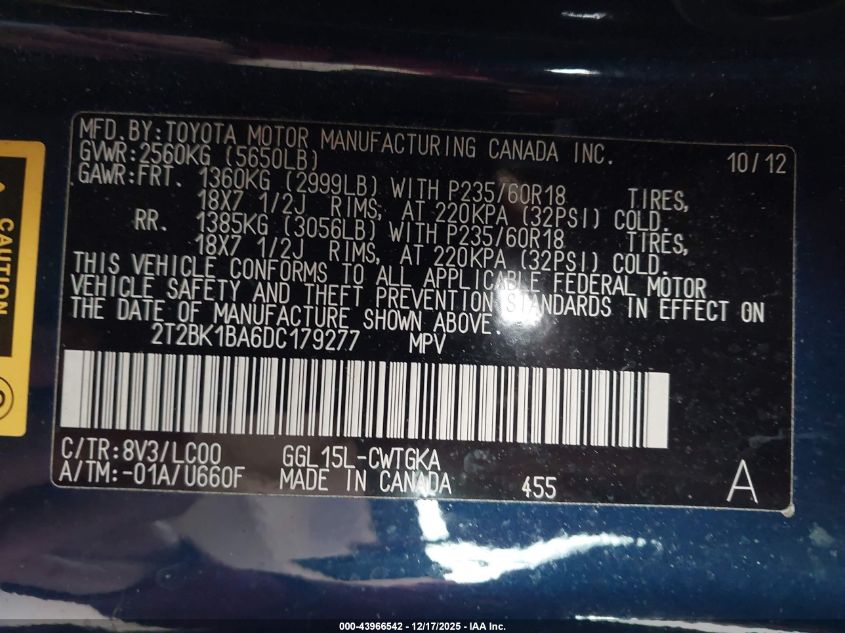 2013 Lexus Rx 350 VIN: 2T2BK1BA6DC179277 Lot: 43966542