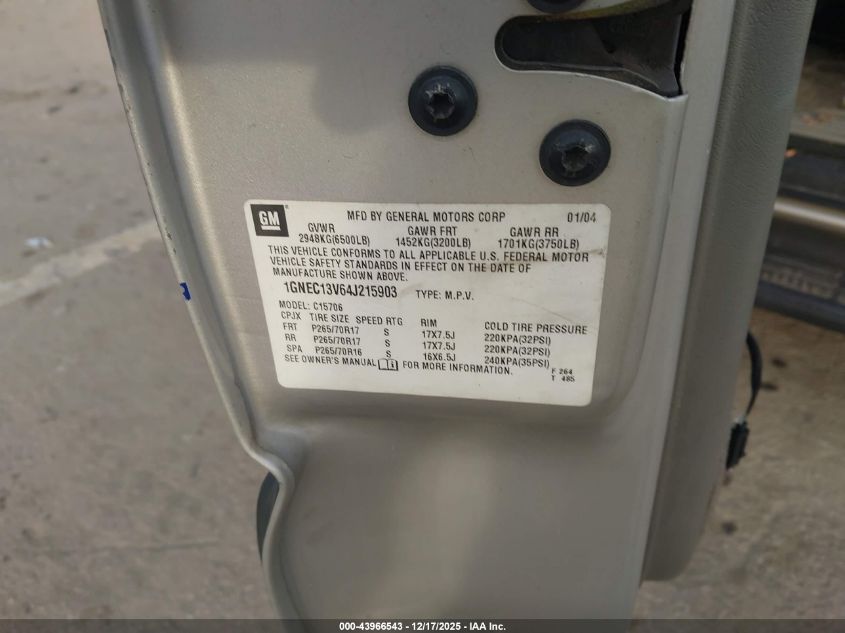 2004 Chevrolet Tahoe Ls VIN: 1GNEC13V64J215903 Lot: 43966543