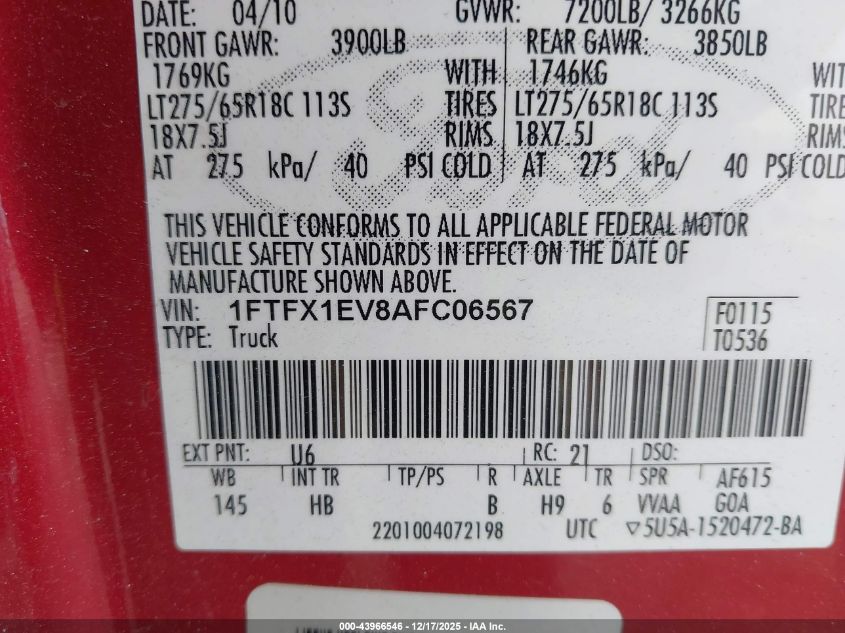 2010 Ford F-150 Fx4/Lariat/Xl/Xlt VIN: 1FTFX1EV8AFC06567 Lot: 43966546