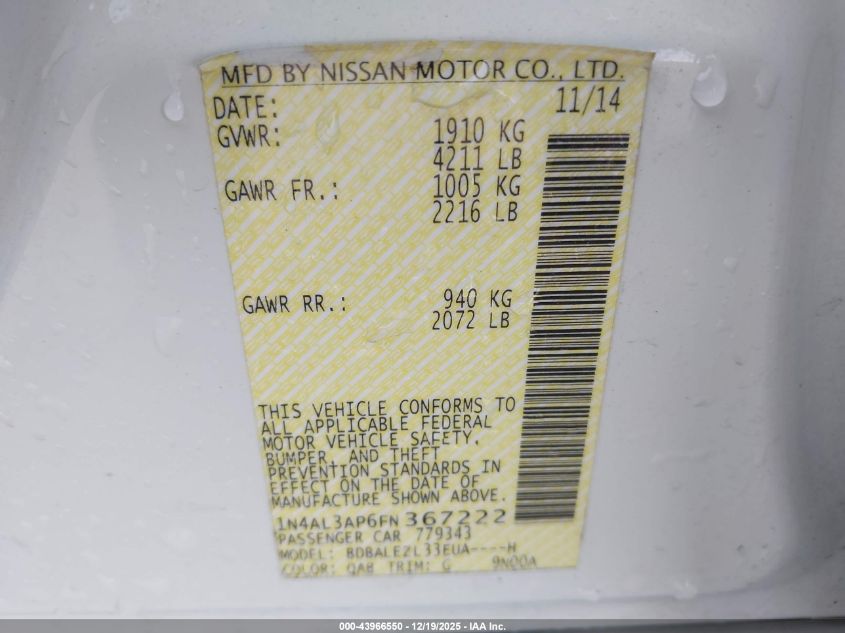 2015 Nissan Altima 2.5 S VIN: 1N4AL3AP6FN367222 Lot: 43966550