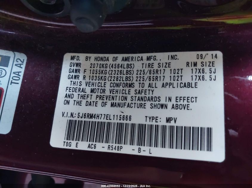 2014 Honda Cr-V Ex-L VIN: 5J6RM4H77EL115666 Lot: 43966552