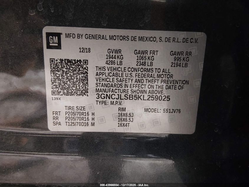2019 Chevrolet Trax Lt VIN: 3GNCJLSB5KL259025 Lot: 43966554