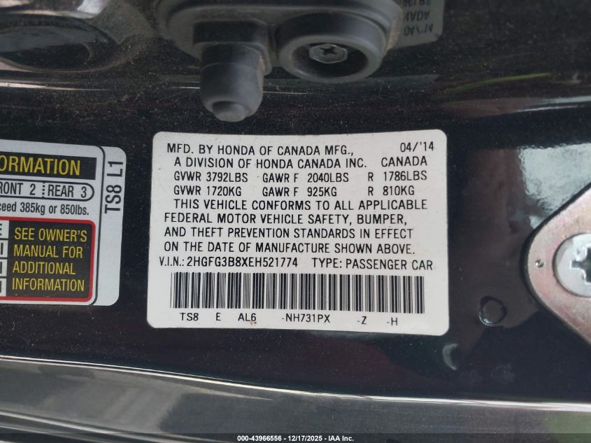 2014 Honda Civic Ex VIN: 2HGFG3B8XEH521774 Lot: 43966556