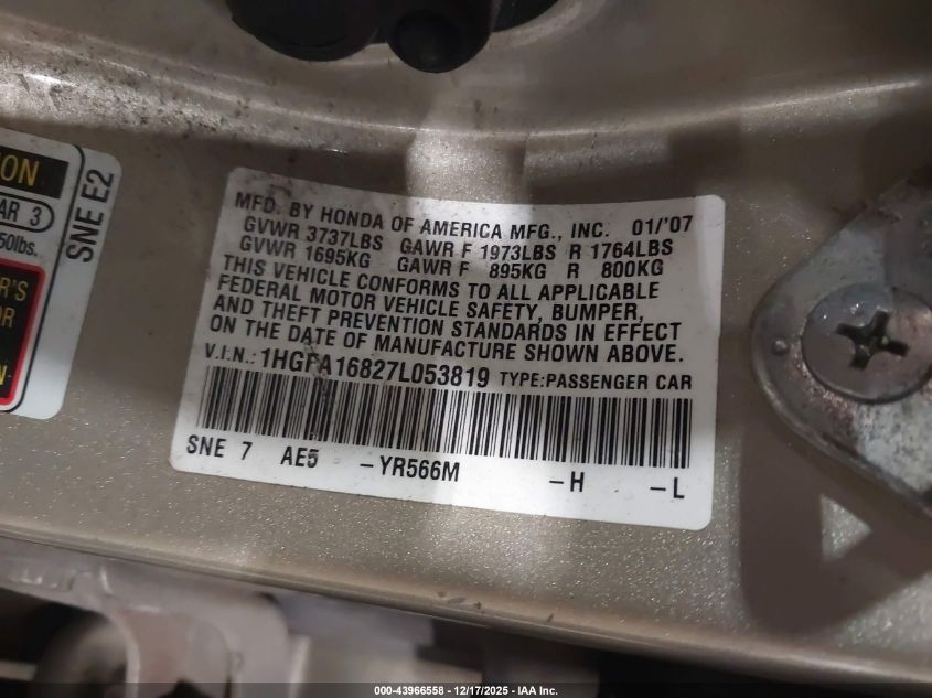 2007 Honda Civic Ex VIN: 1HGFA16827L053819 Lot: 43966558