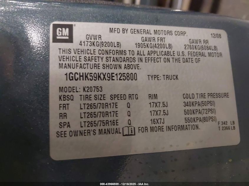 2009 Chevrolet Silverado 2500Hd Lt VIN: 1GCHK59KX9E125800 Lot: 43966559