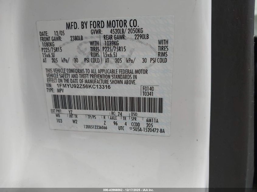 2006 Ford Escape Xls/Xls Manual VIN: 1FMYU92Z56KC13316 Lot: 43966562