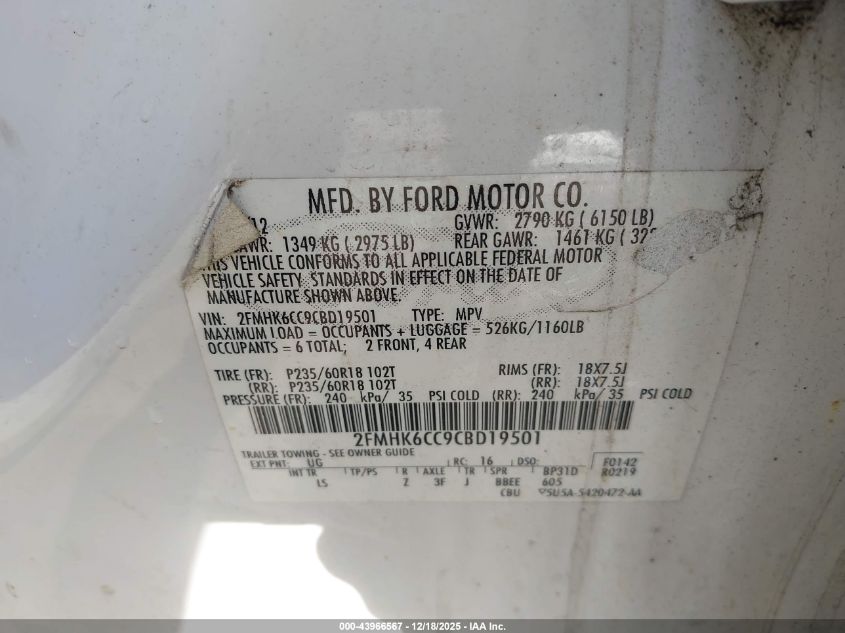 2012 Ford Flex Sel VIN: 2FMHK6CC9CBD19501 Lot: 43966567