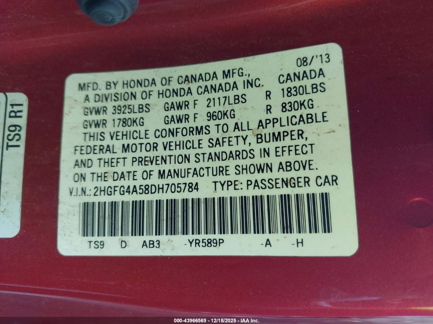 2013 Honda Civic Si VIN: 2HGFG4A58DH705784 Lot: 43966569