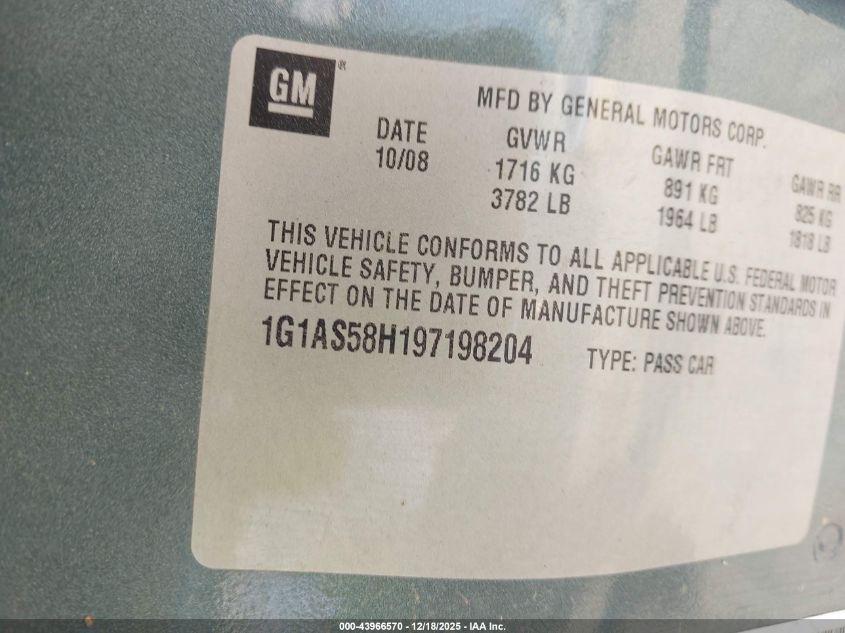 2009 Chevrolet Cobalt Ls VIN: 1G1AS58H197198204 Lot: 43966570