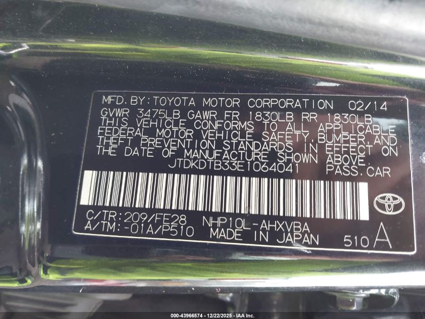 2014 Toyota Prius C One VIN: JTDKDTB33E1064041 Lot: 43966574