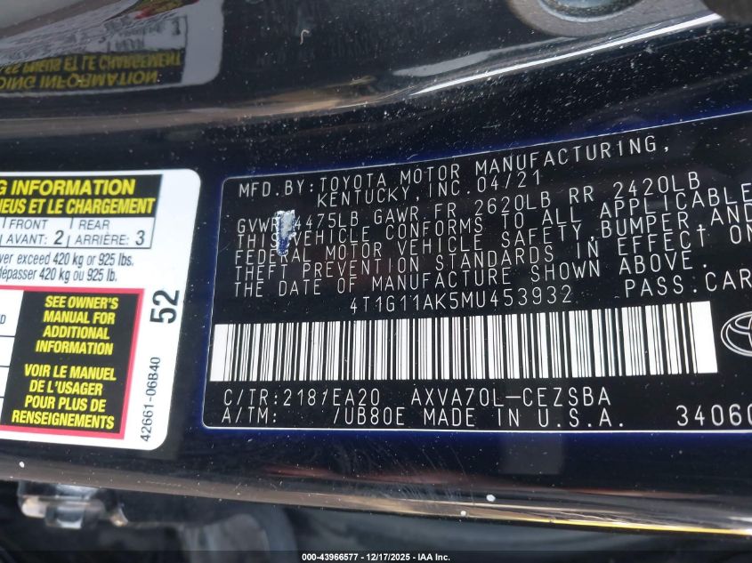 2021 Toyota Camry Se VIN: 4T1G11AK5MU453932 Lot: 43966577