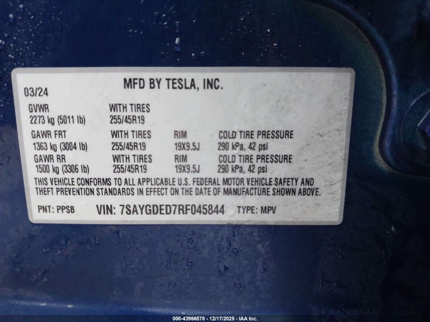 2024 Tesla Model Y Long Range Dual Motor All-Wheel Drive/Rwd VIN: 7SAYGDED7RF045844 Lot: 43966578