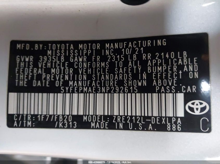 2022 Toyota Corolla Le VIN: 5YFEPMAE3NP292615 Lot: 43966579