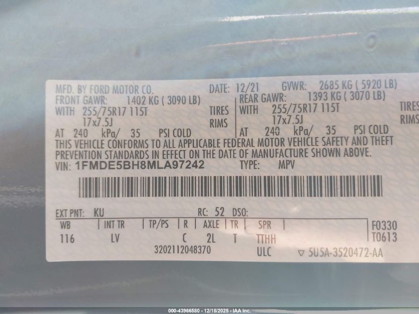 2021 Ford Bronco Big Bend VIN: 1FMDE5BH8MLA97242 Lot: 43966580