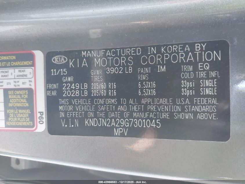 2016 Kia Soul VIN: KNDJN2A29G7301045 Lot: 43966583