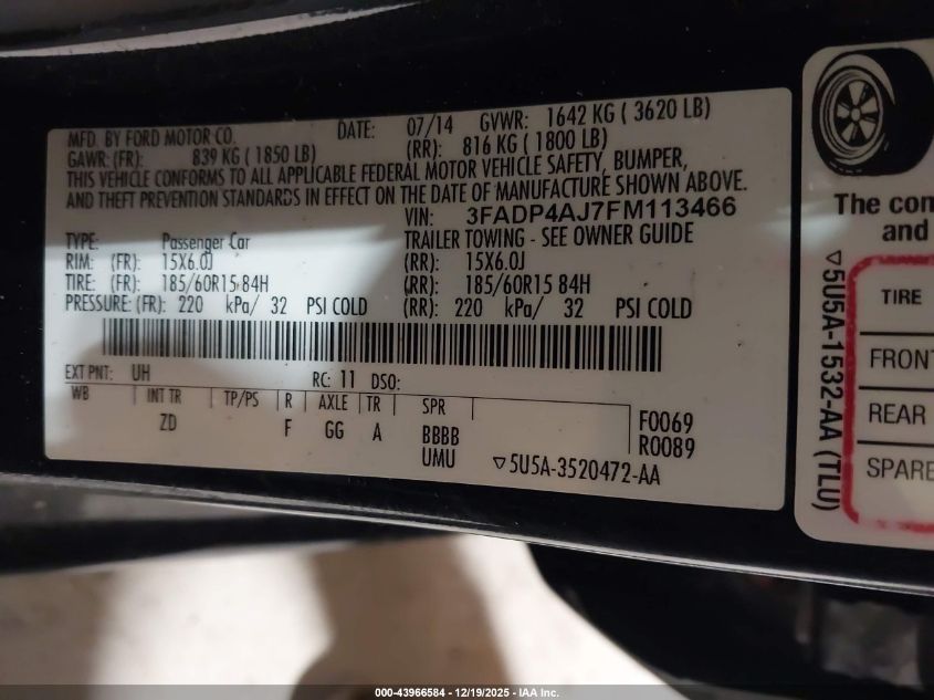 2015 Ford Fiesta S VIN: 3FADP4AJ7FM113466 Lot: 43966584