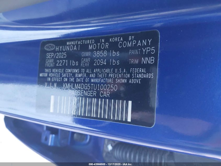 2026 Hyundai Elantra Sel Sport VIN: KMHLM4DG5TU100250 Lot: 43966589