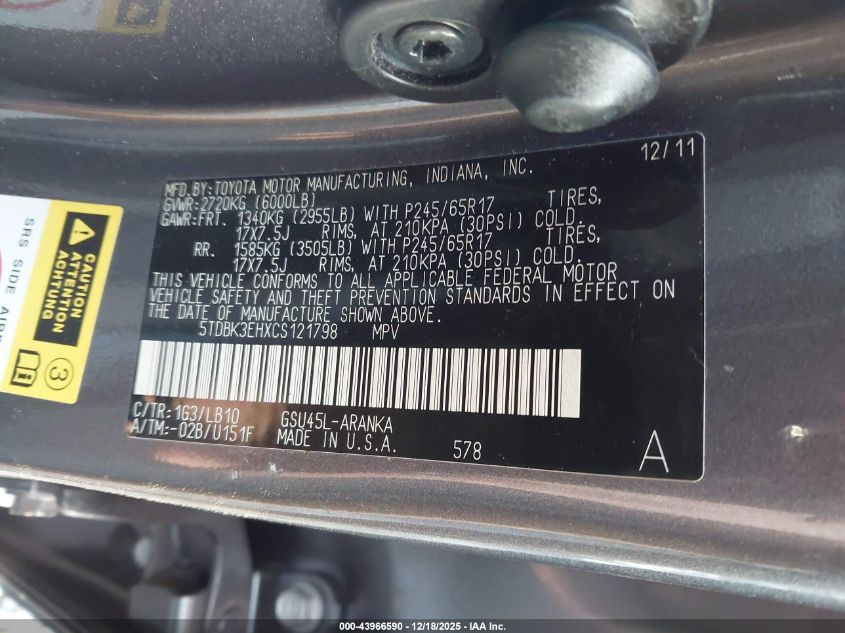 2012 Toyota Highlander Se V6 VIN: 5TDBK3EHXCS121798 Lot: 43966590