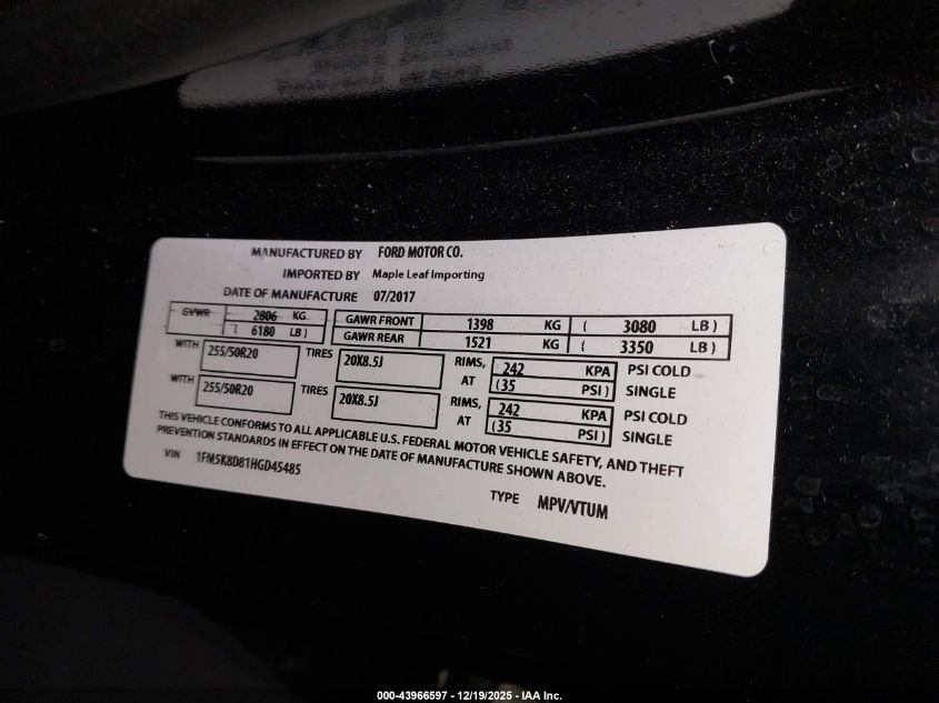 2017 Ford Explorer Xlt VIN: 1FM5K8D81HGD45485 Lot: 43966597