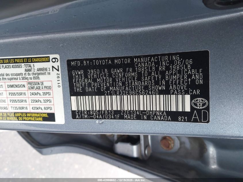 2006 Toyota Matrix Xr VIN: 2T1LR32E96C562460 Lot: 43966602