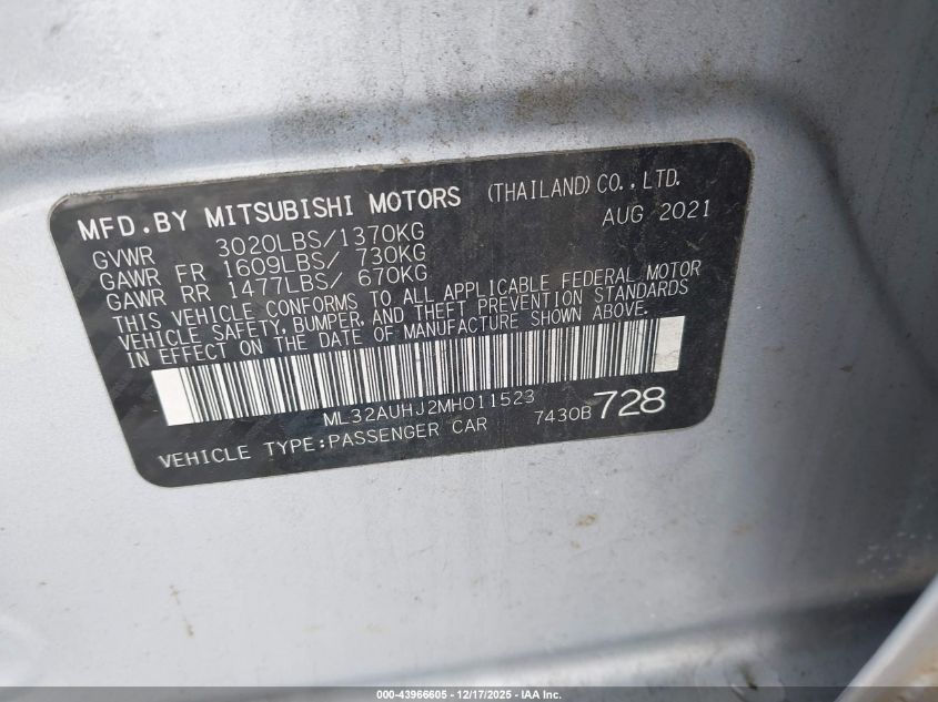 2021 Mitsubishi Mirage Carbonite Edition/Es/Le VIN: ML32AUHJ2MH011523 Lot: 43966605