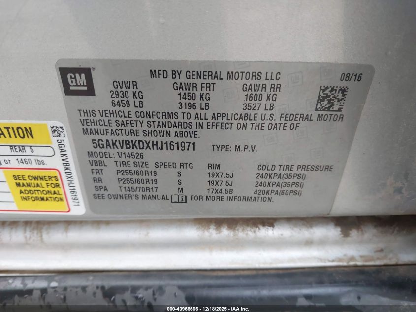 2017 Buick Enclave Leather VIN: 5GAKVBKDXHJ161971 Lot: 43966606