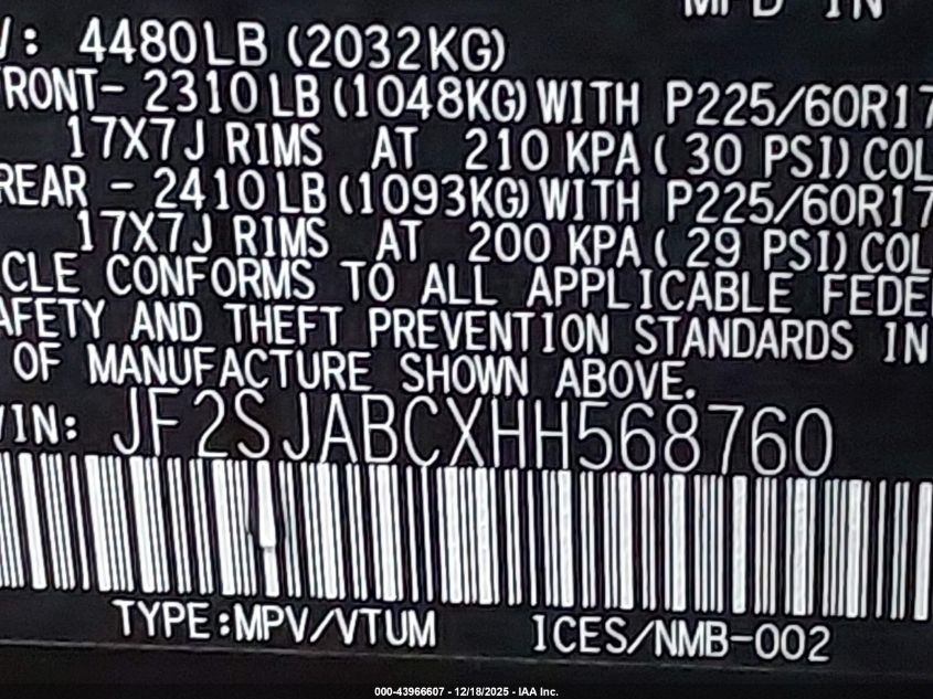 2017 Subaru Forester 2.5I VIN: JF2SJABCXHH568760 Lot: 43966607