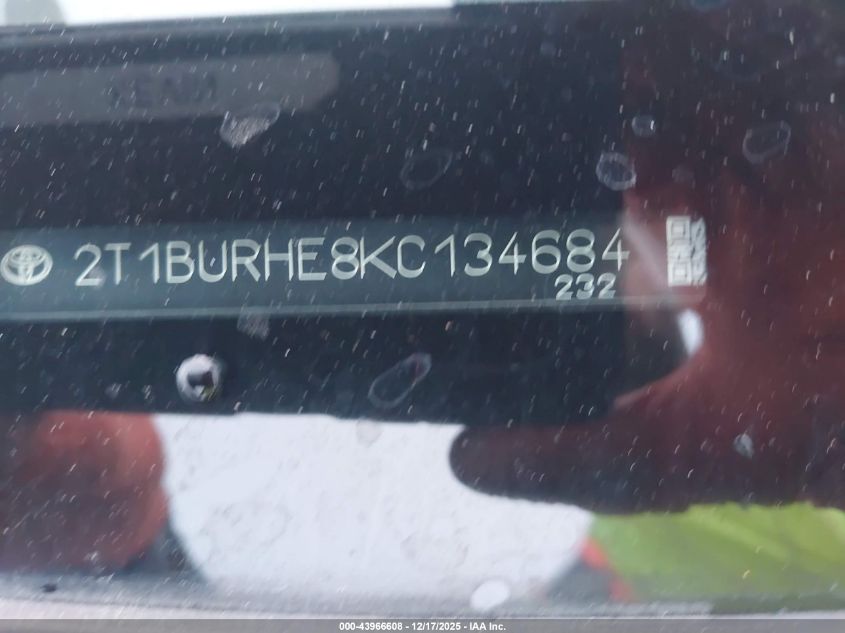 2019 Toyota Corolla Le VIN: 2T1BURHE8KC134684 Lot: 43966608